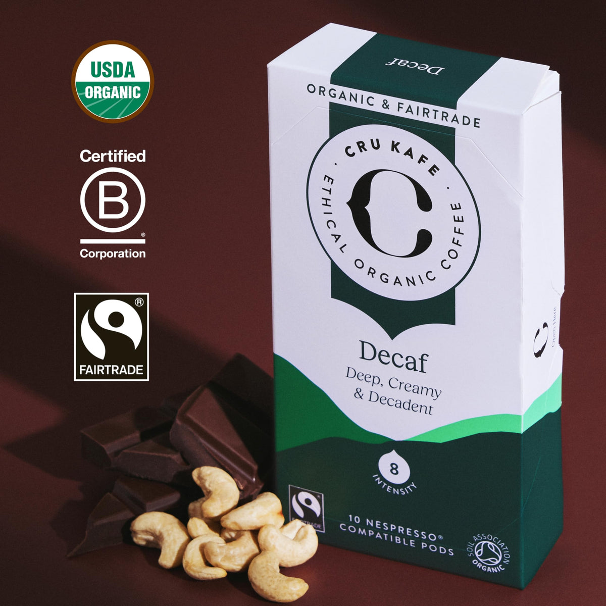 Cru Kafe USDA organic decaf capsules displayed for flavor-rich cups