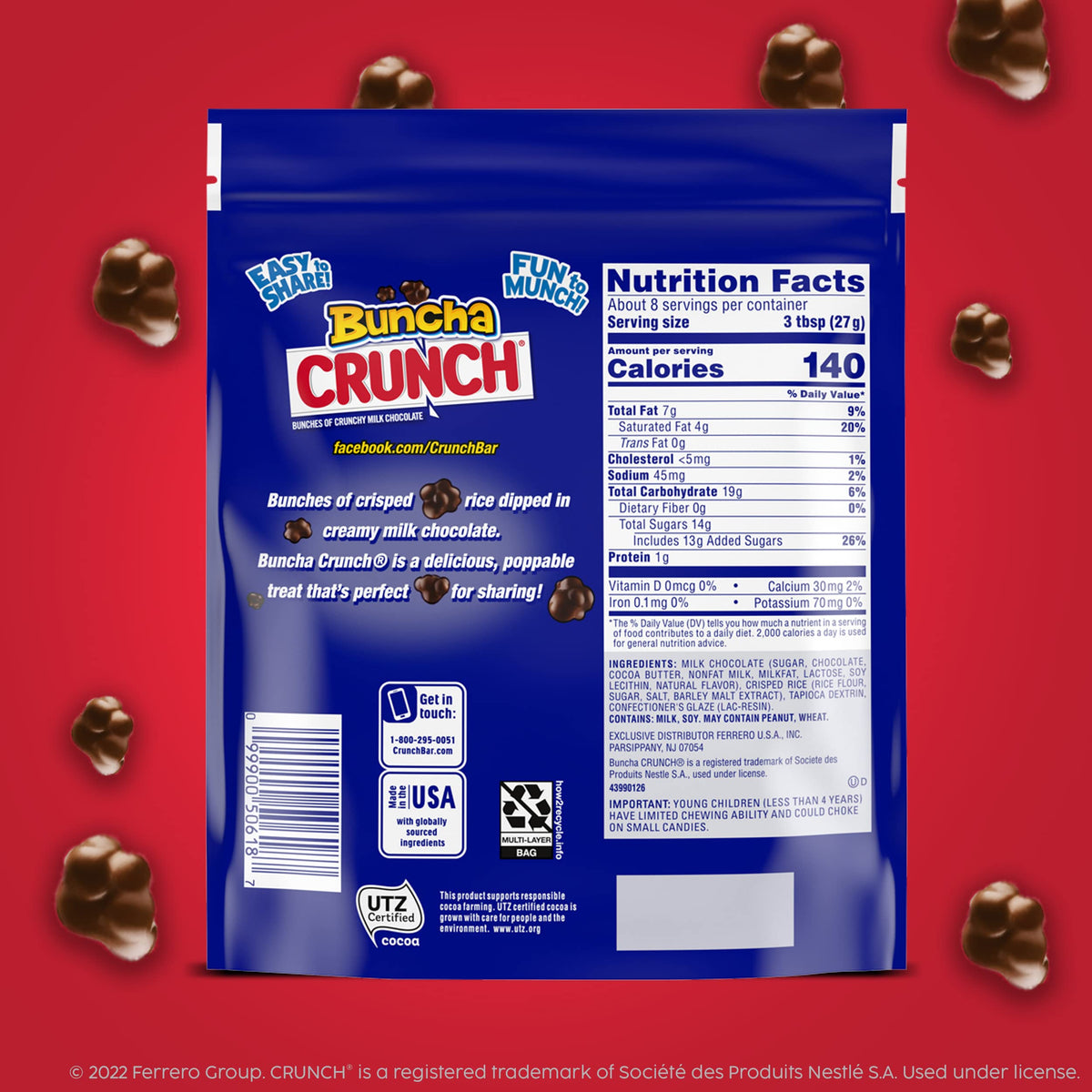 Close-up of Buncha CRUNCH milk chocolate with crisped rice texture.