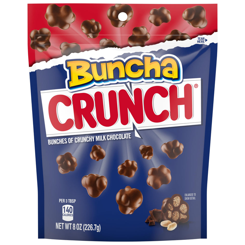 Crunch Buncha CRUNCH packaging showing eight resealable bags for freshness.