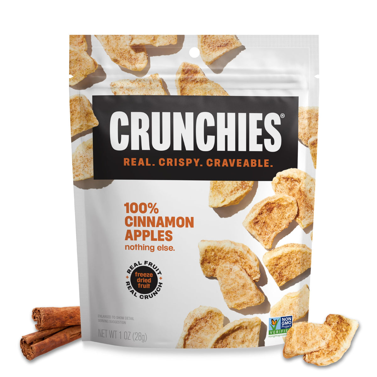Crunchies Cinnamon Apple packaging closeup, resealable bag for on-the-go snacking.