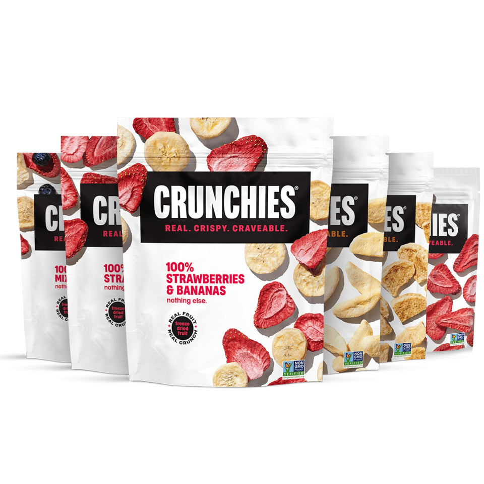 Crunchies freeze-dried fruit variety pack in six resealable bags.