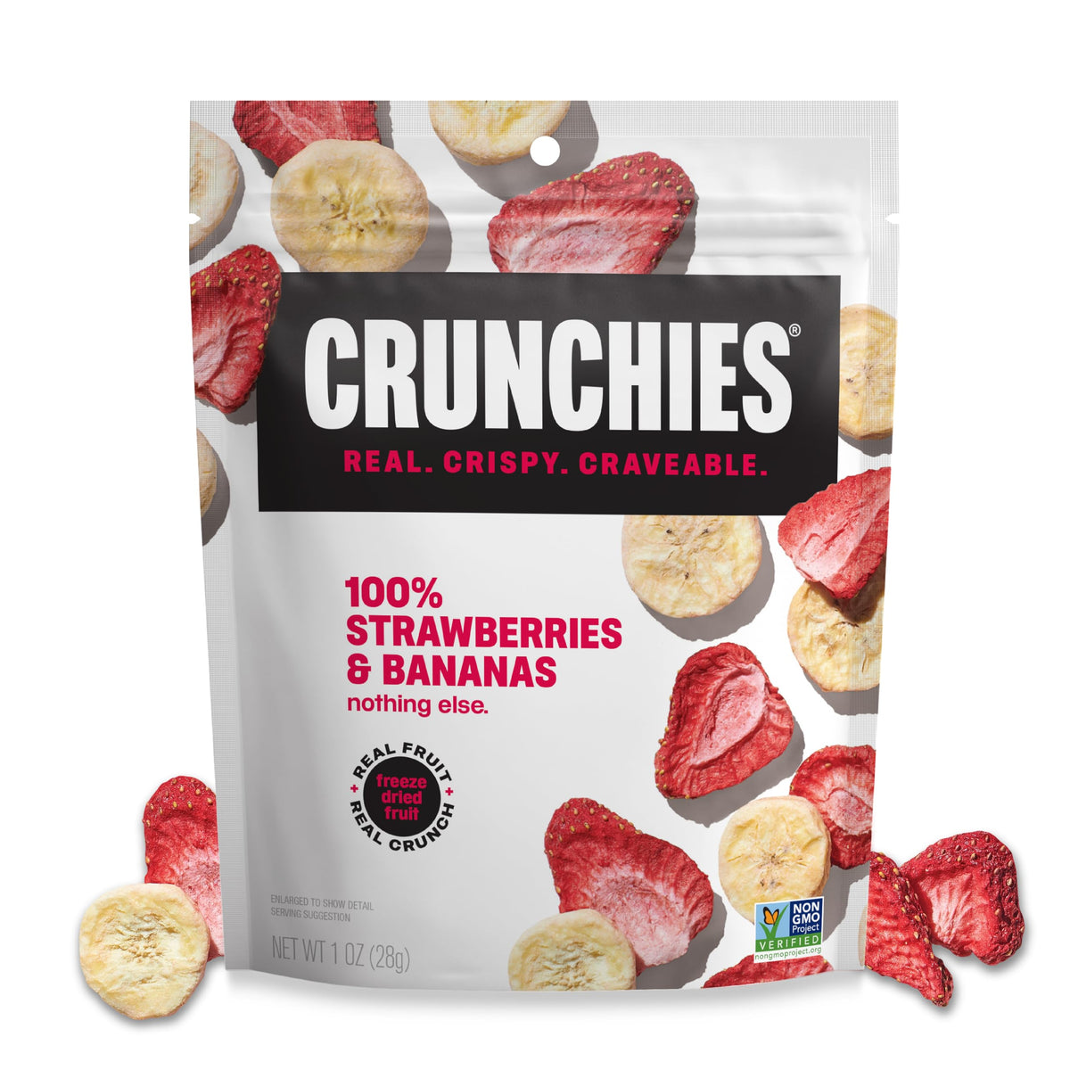 Crunchies freeze-dried strawberry banana pack front, six-pack convenience for on-the-go snacking