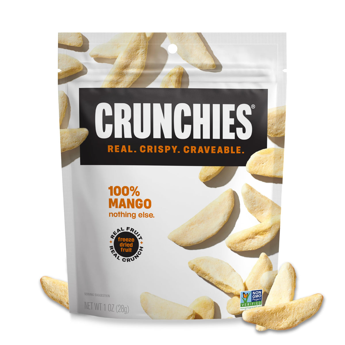 Crunchies Mango freeze-dried snack, close-up of crisp texture for on-the-go.