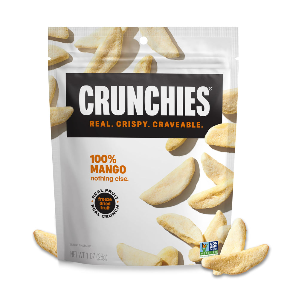 Crunchies Mango freeze-dried snack, close-up of crisp texture for on-the-go.