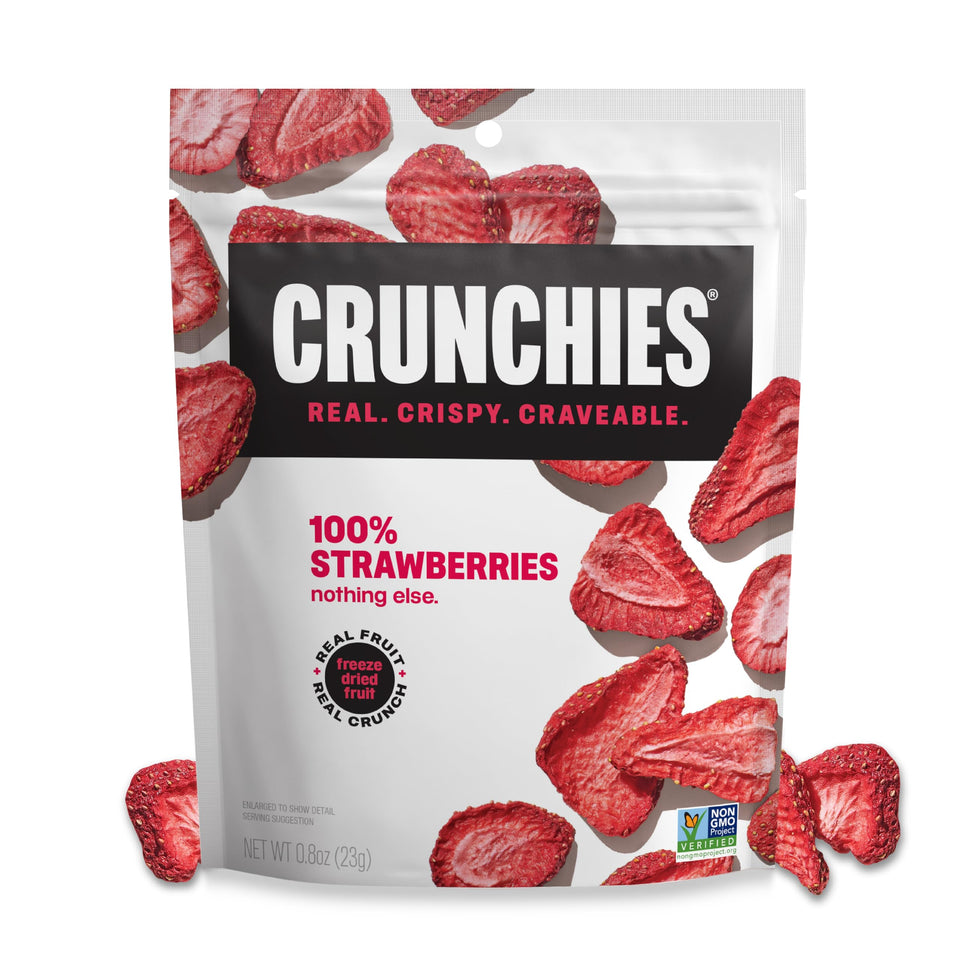 Crunchies freeze-dried strawberries in a resealable pack, ideal for on-the-go snacking.