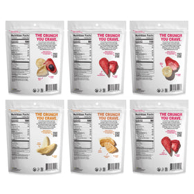 Close-up of Crunchies resealable snack bags showing crisp fruit pieces.