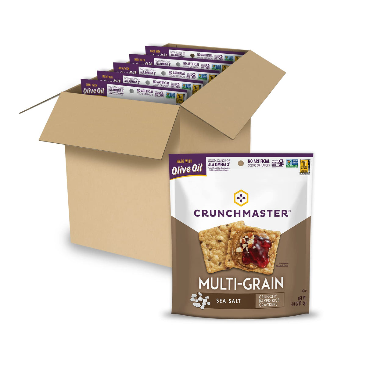 Crunchmaster gluten-free multi-grain sea salt crackers pack six, ideal with spreads or cheese.