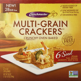Crunchmaster Multi Grain 6 Seed Crackers on a cheese board, ideal with cheese and dips.