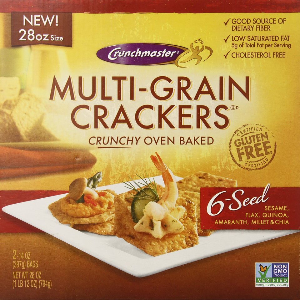 Crunchmaster Multi Grain 6 Seed Crackers on a cheese board, ideal with cheese and dips.