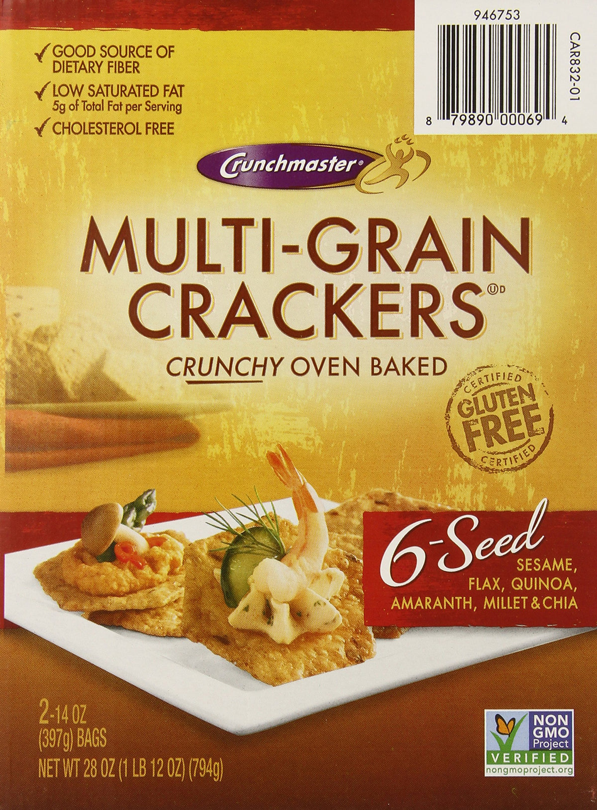 Crunchmaster Multi Grain 6 Seed Crackers close-up showing sesame seeds and crisp texture.