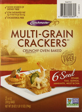 Crunchmaster Multi Grain 6 Seed Crackers close-up showing sesame seeds and crisp texture.