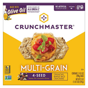 Crunchmaster Multi Grain Crackers pack 21 oz showcasing versatile gluten-free snack