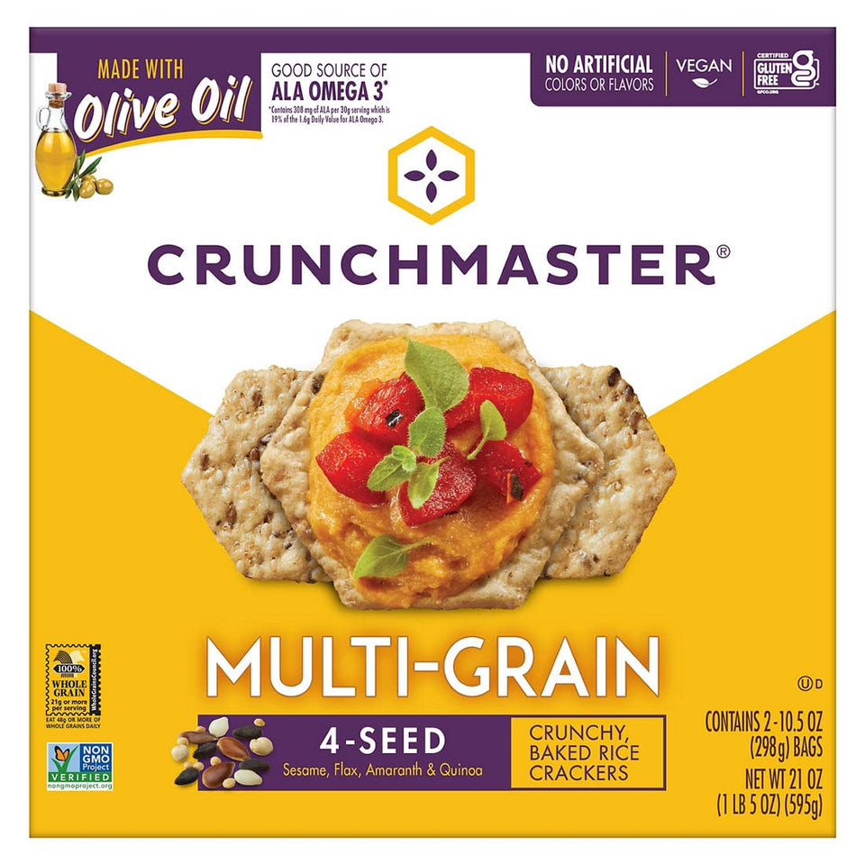 Crunchmaster Multi Grain Crackers pack 21 oz showcasing versatile gluten-free snack