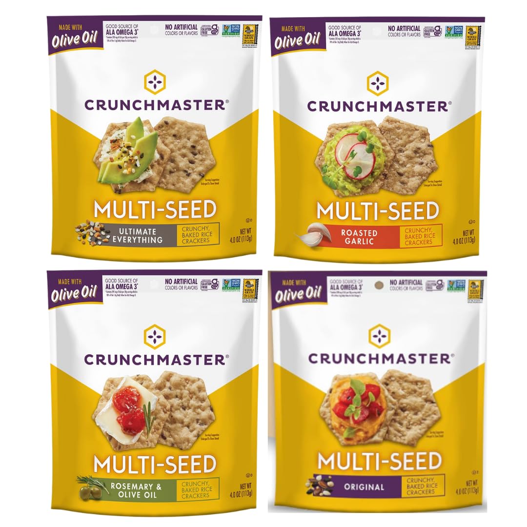 Crunchmaster Multiseed Crackers Variety Pack with four flavors, ideal for sharing