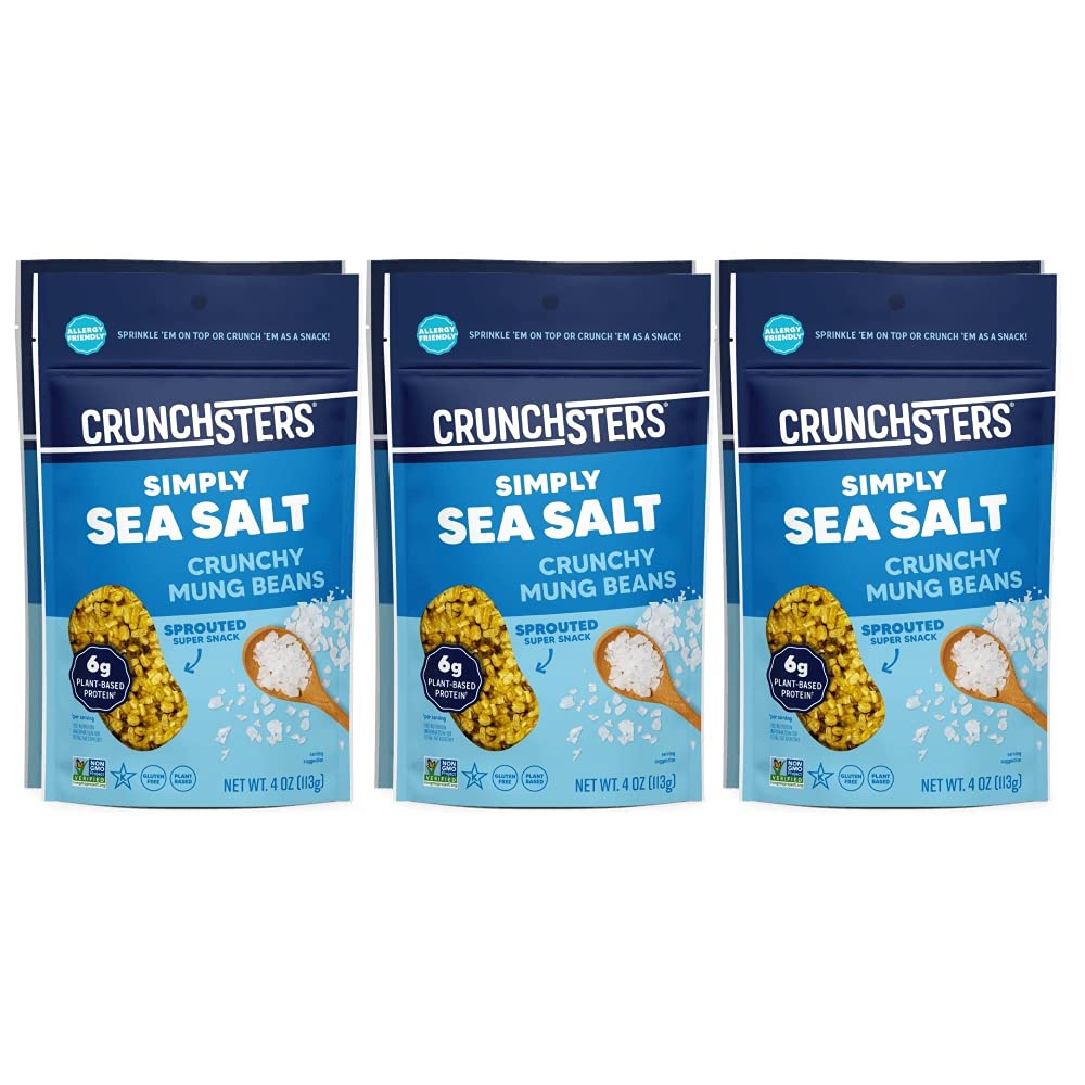 Crunchsters crunchy sprouted mung beans bag with sea salt, protein-rich snack.