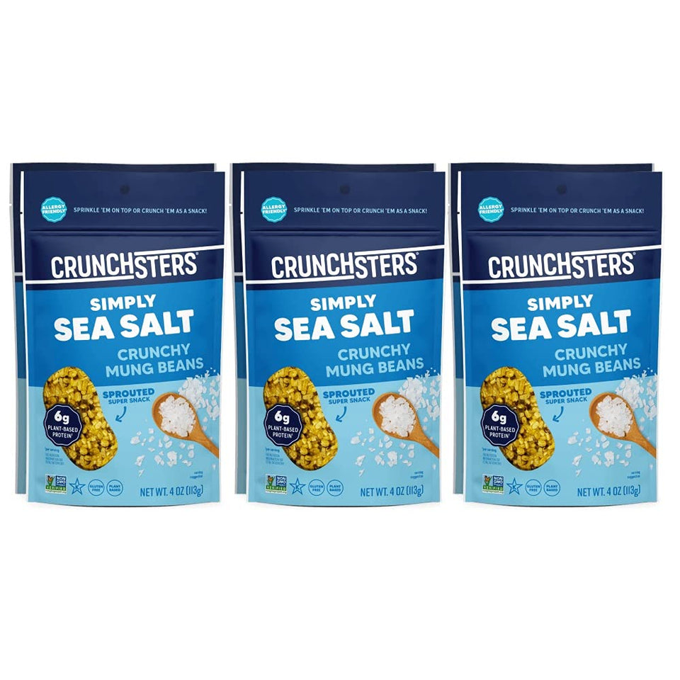 Crunchsters crunchy sprouted mung beans bag with sea salt, protein-rich snack.