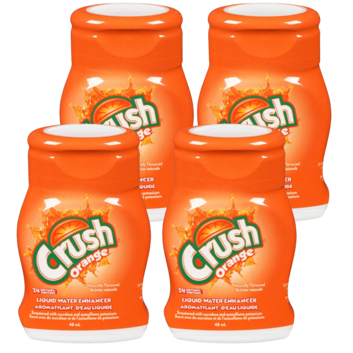 Crush Orange Liquid Water Enhancer bottle closeup with vibrant color and easy-to-use design.
