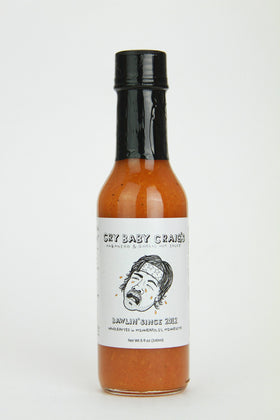 Cry Baby Craig's habanero garlic hot sauce bottle shows bright pickled heat and glossy finish