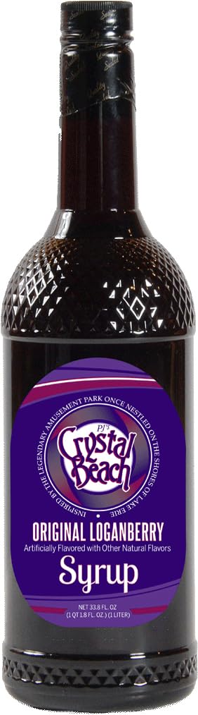 Crystal Beach Loganberry Syrup bottle highlights authentic loganberry flavor for drinks and desserts