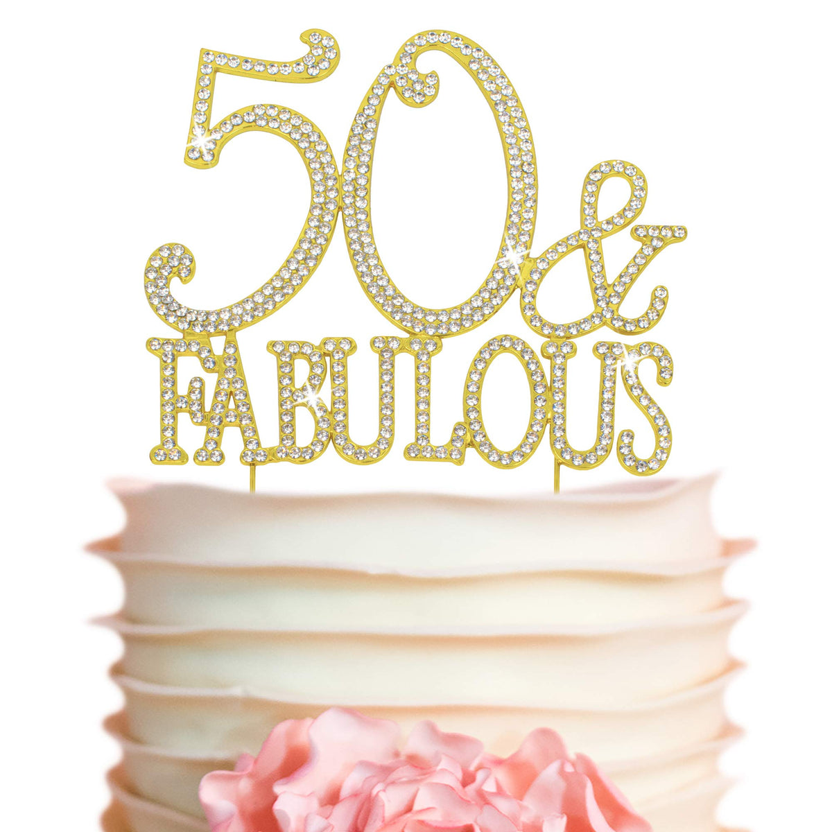 Crystal Creations 50th birthday cake topper in gold metal adds a shimmering centerpiece.