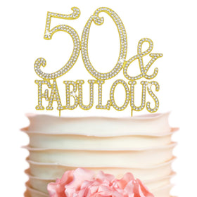 Crystal Creations 50th birthday cake topper in gold metal adds a shimmering centerpiece.