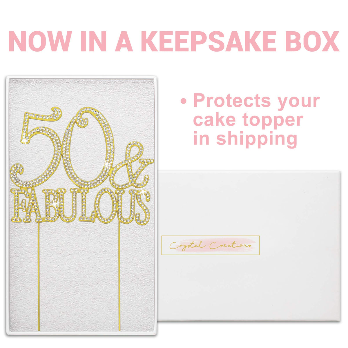 Crystal Creations sparkling rhinestones topper catches light for elegant cake decoration.