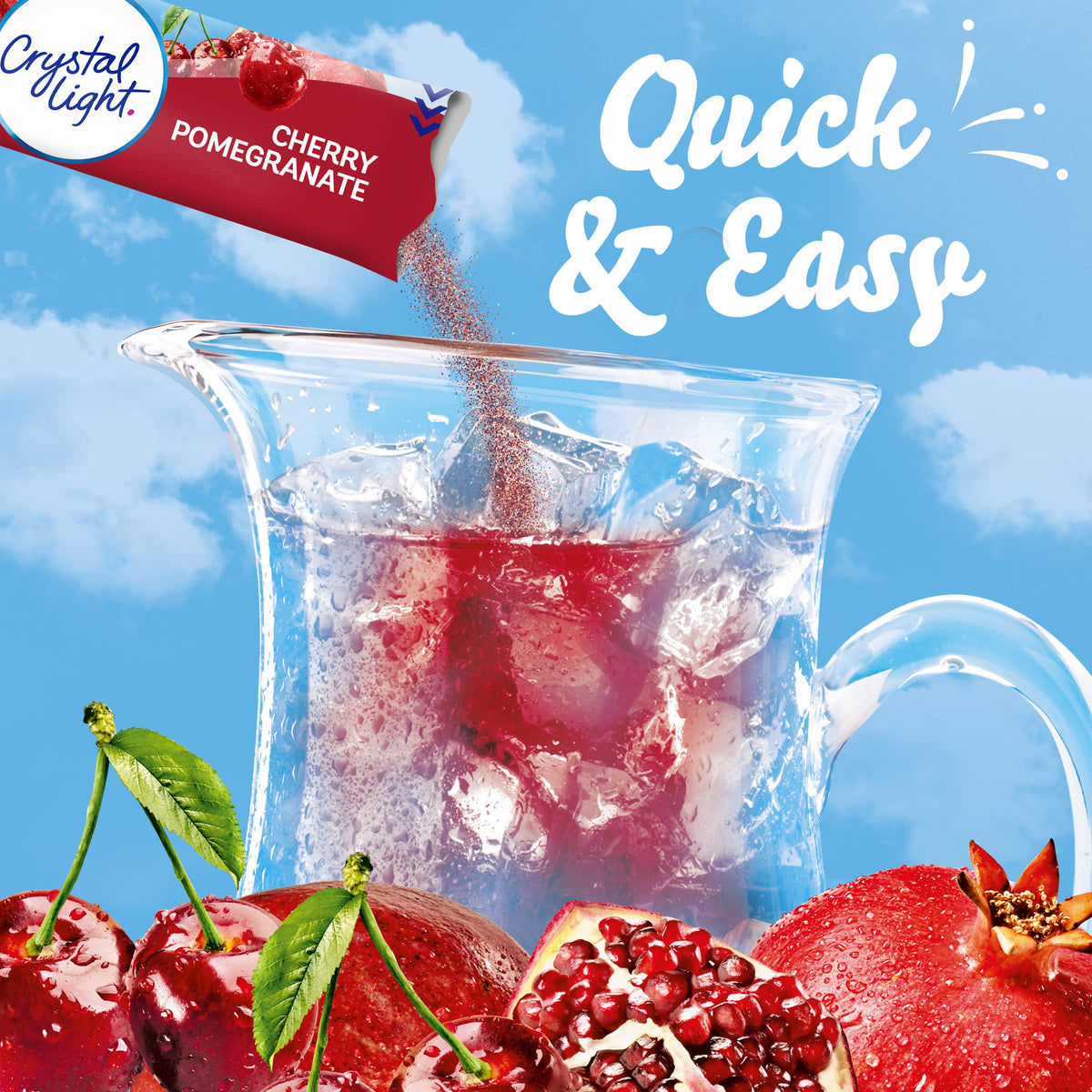 Crystal Light Cherry Pomegranate pitcher illustrating 2-quart serving size for sharing.