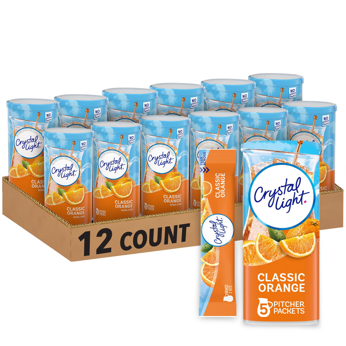 Crystal Light Classic Orange canister on shelf, convenient low-calorie refreshment