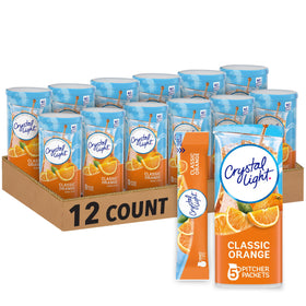 Crystal Light Classic Orange canister on shelf, convenient low-calorie refreshment