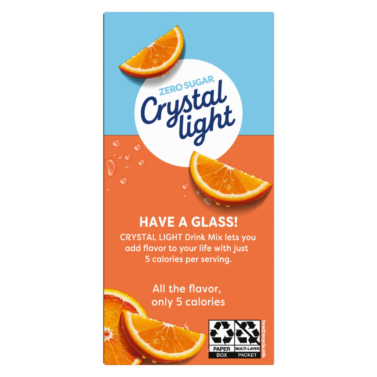 Crystal Light Classic Orange glass with drink shows refreshing, low-calorie citrus flavor.