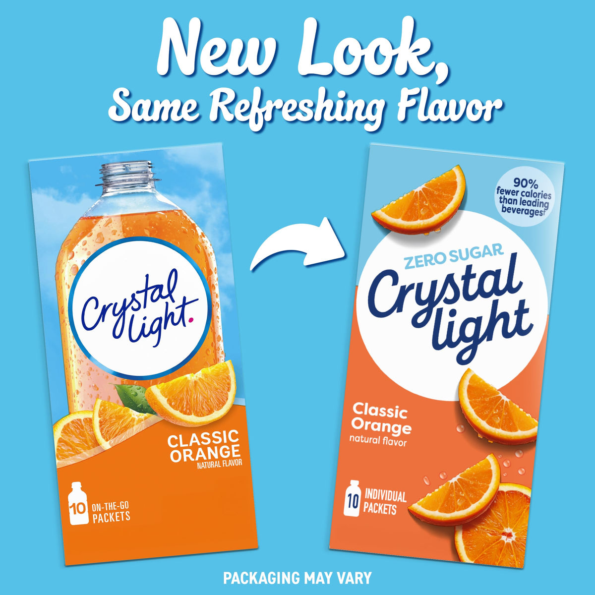 Crystal Light Classic Orange in a water bottle with packets for on-the-go mixing.