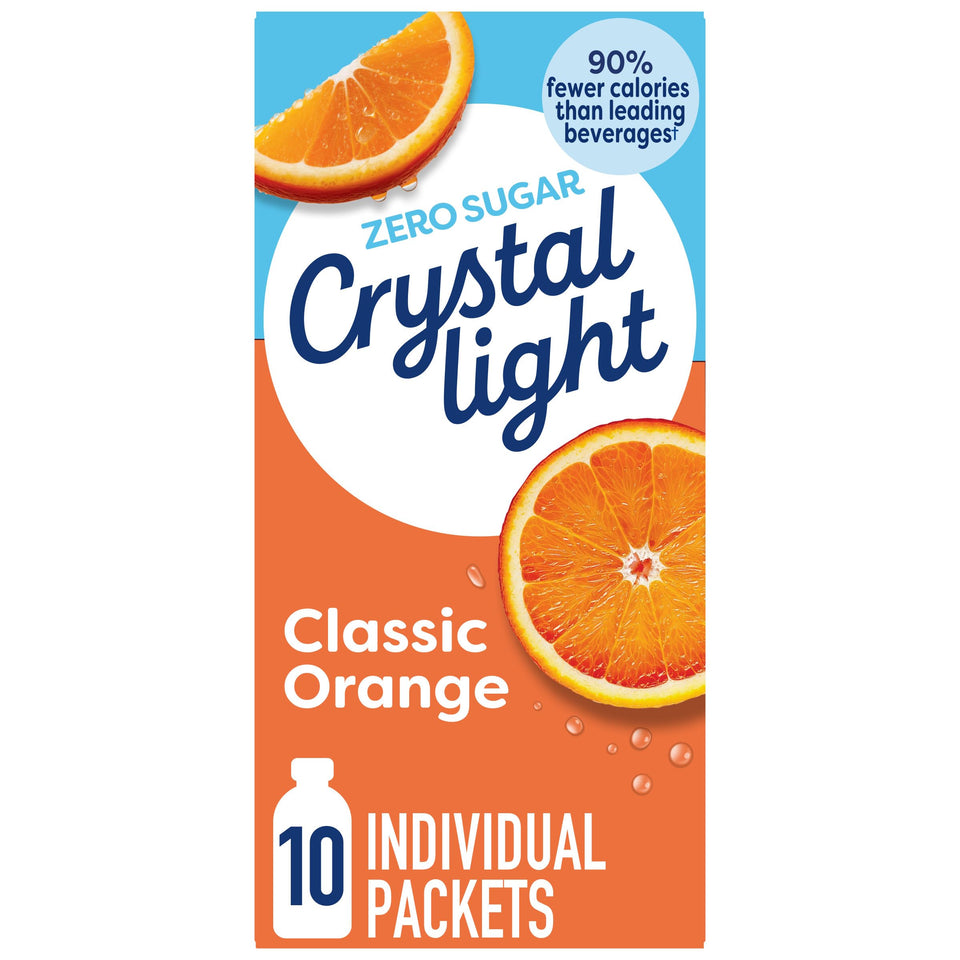 Crystal Light Classic Orange on-the-go packets in a sleeve, zero sugar and low-calorie taste.
