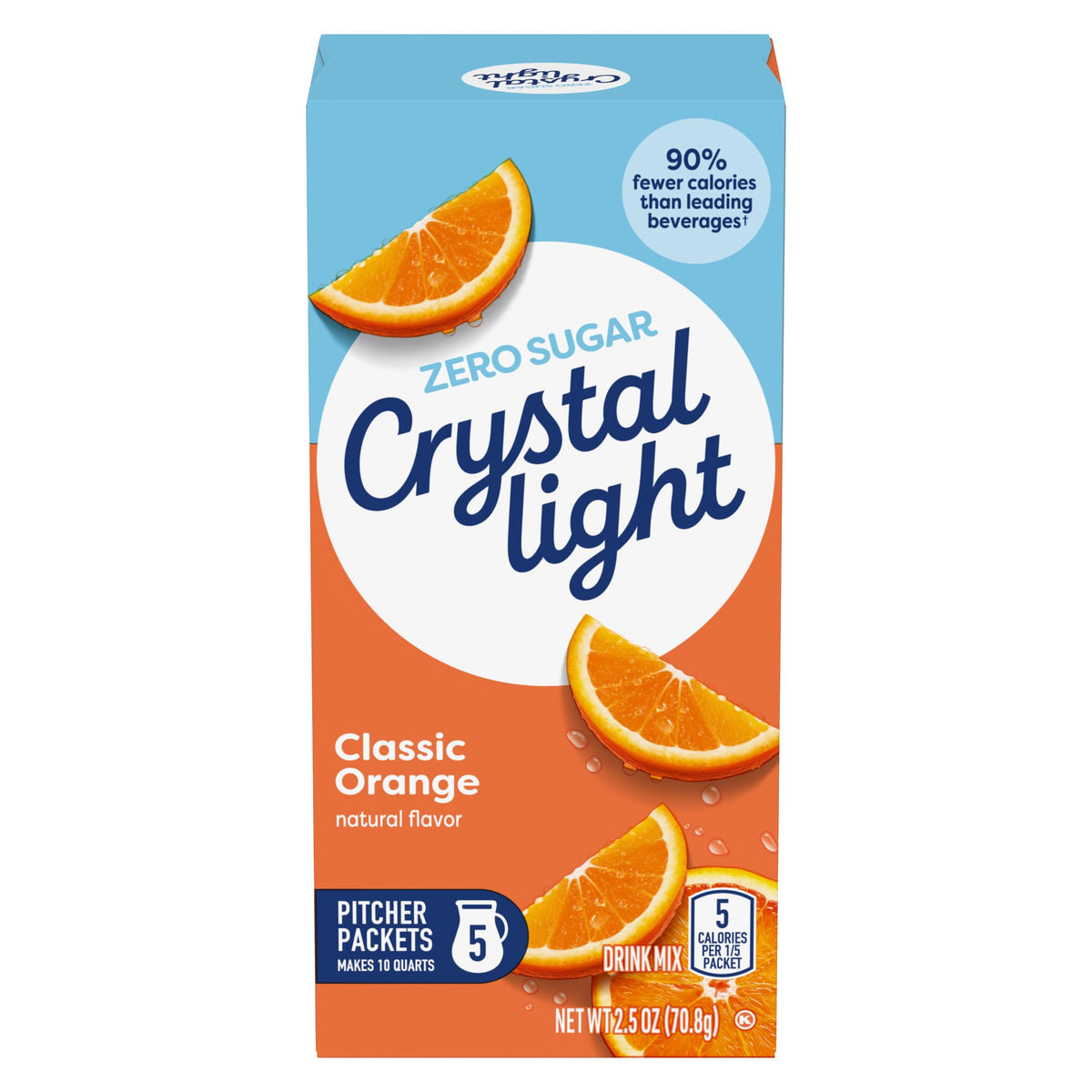 Crystal Light Classic Orange packet dissolving in water, quick on-the-go flavor