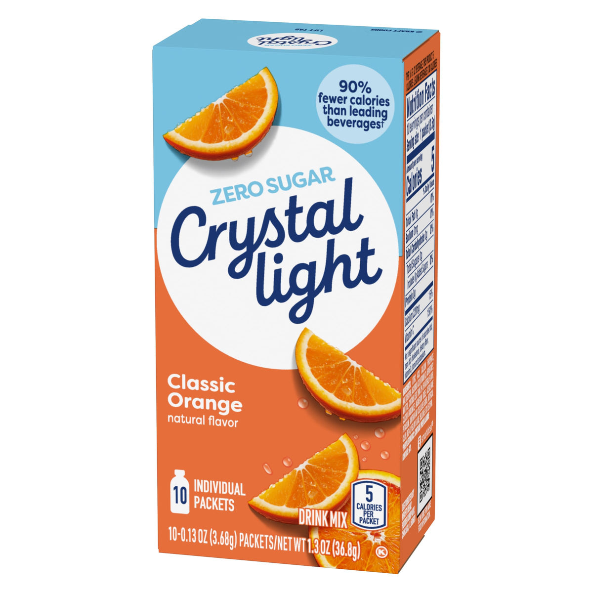 Crystal Light Classic Orange packets dispensing into water for easy flavoring.