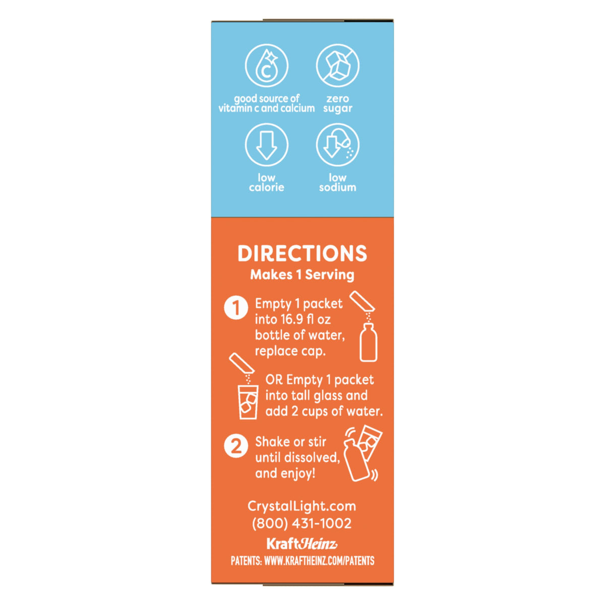 Crystal Light Classic Orange side panel highlights gluten-free and kosher-certified claims.