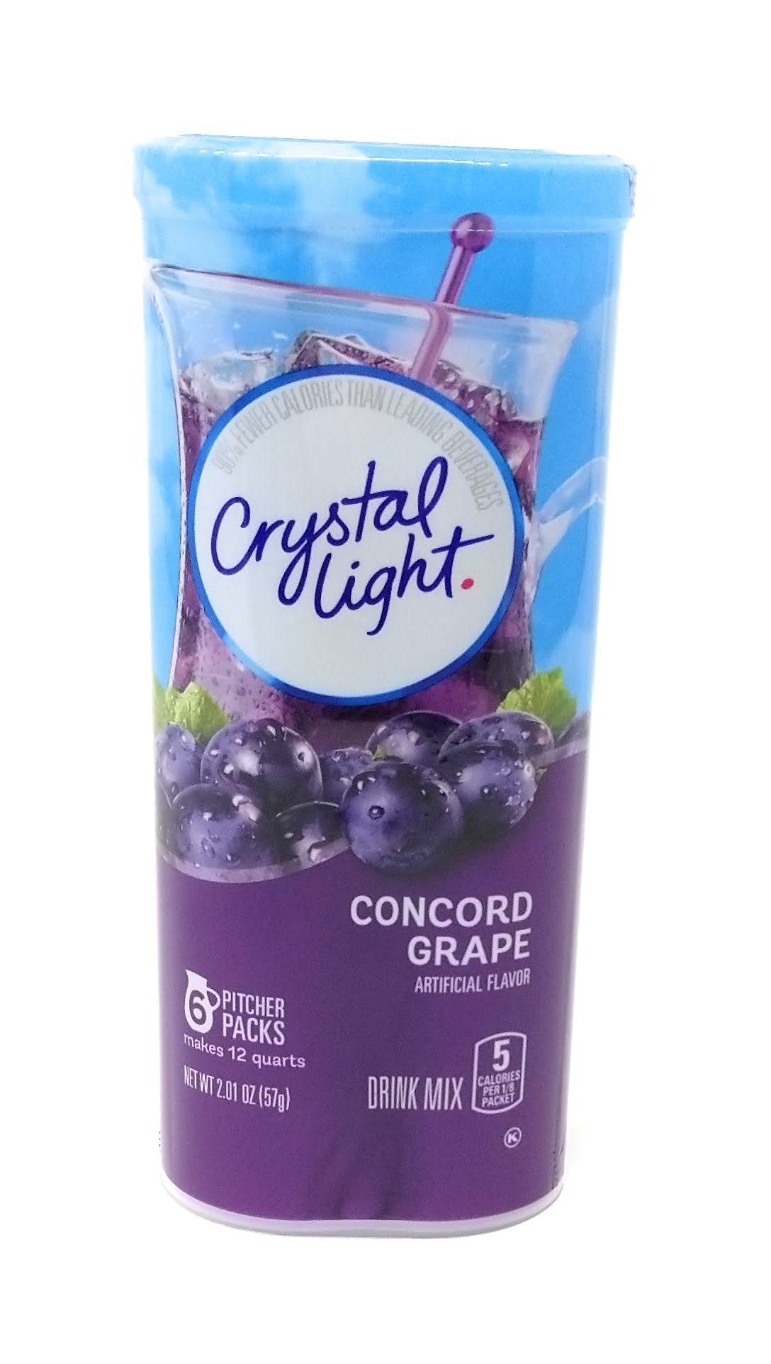 Crystal Light Concord Grape canister showing convenient 12-quart yield per container.