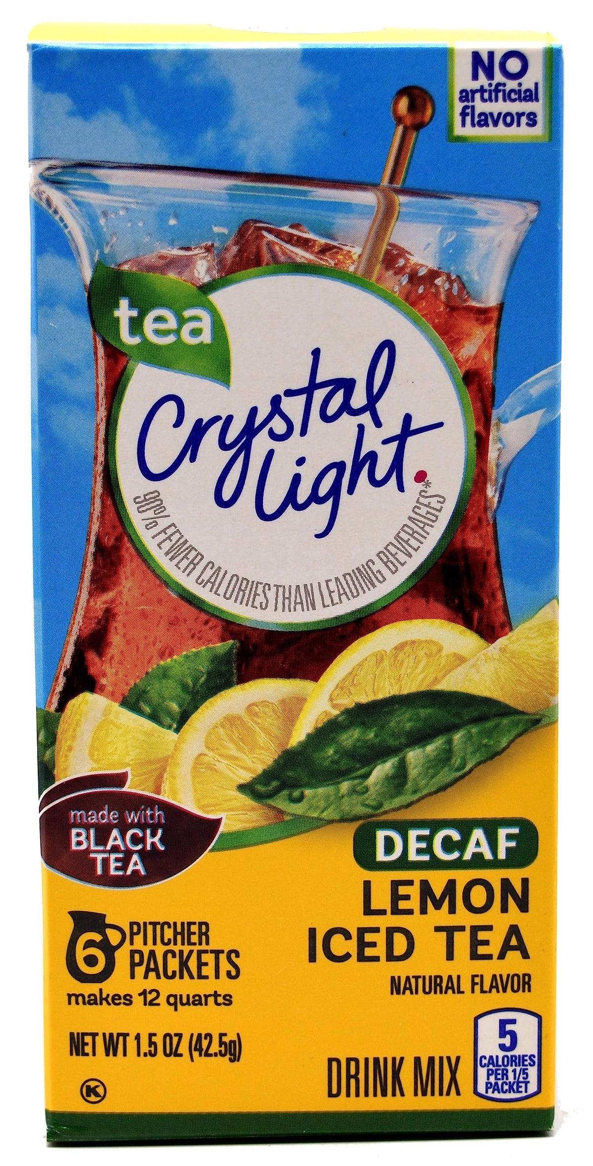 Crystal Light Decaf Lemon Iced Tea canister on shelf for low-calorie hydration.
