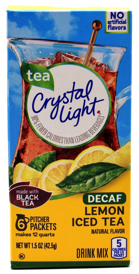 Crystal Light Decaf Lemon Iced Tea canister on shelf for low-calorie hydration.
