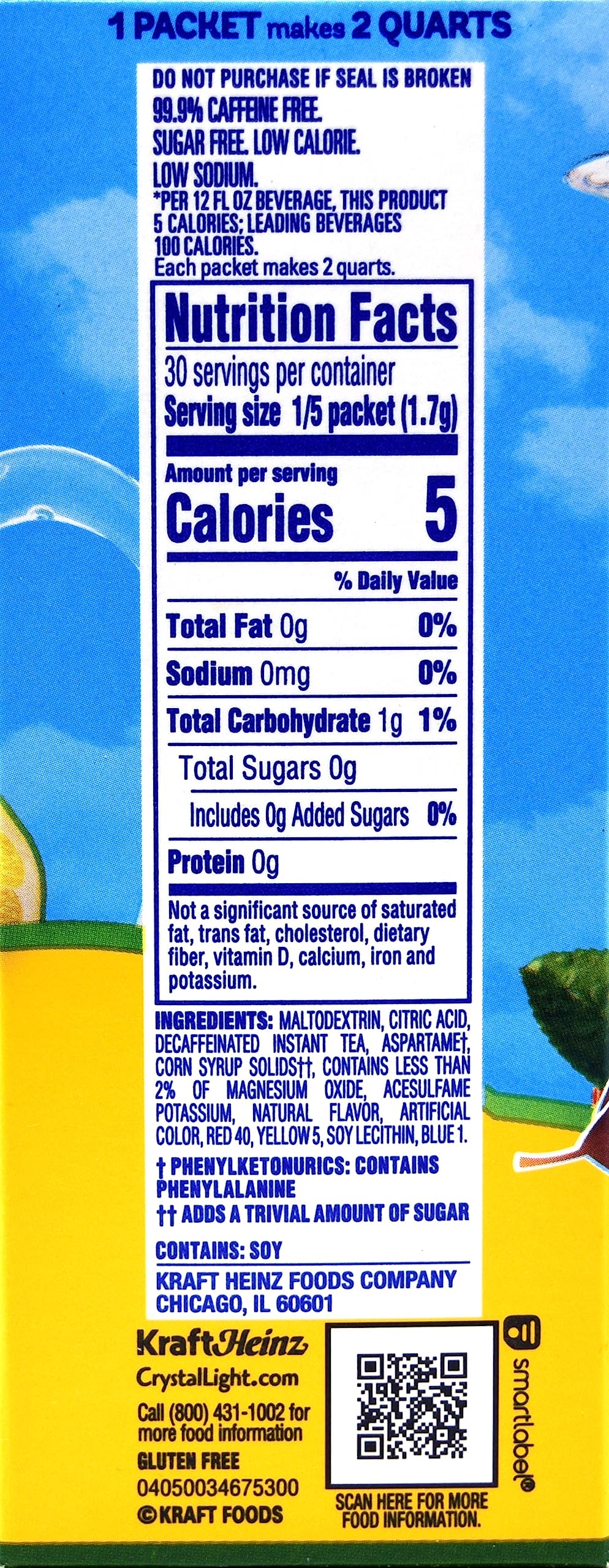 Crystal Light Decaf Lemon Iced Tea packets inside the canister for convenient servings.