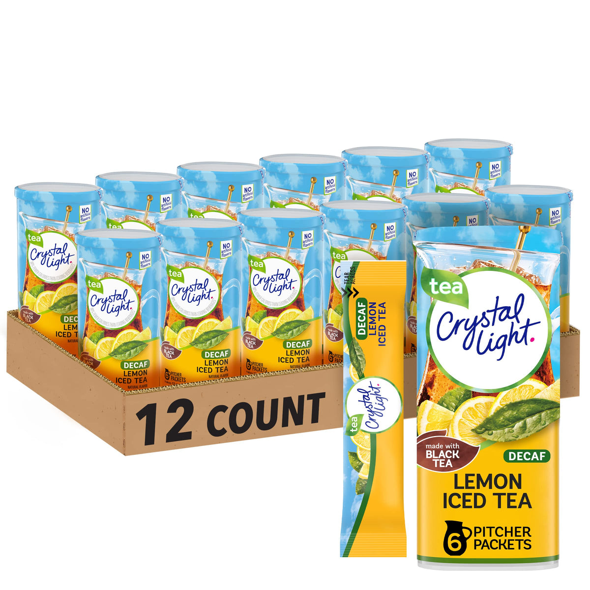 Crystal Light Decaf Lemon Tea powder canister showing zero sugar and five calories per serving.