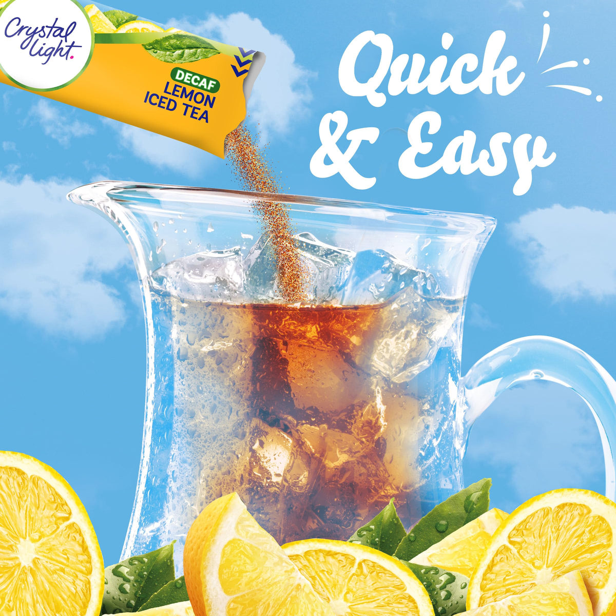 Crystal Light Decaf Lemon Tea powder being poured into water for refreshment.