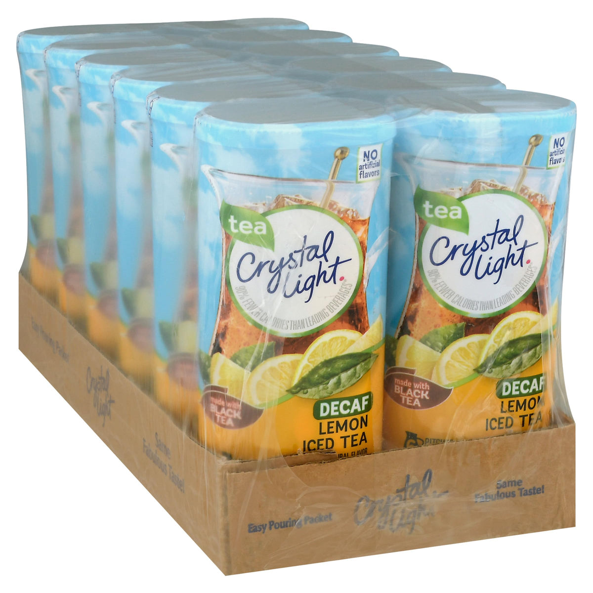 Crystal Light Decaf Lemon Tea shelf display promoting low-calorie hydration.
