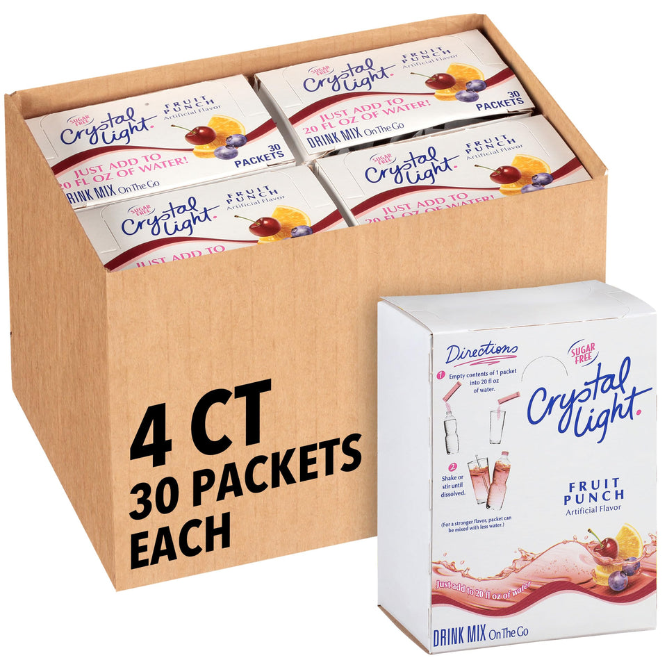 Crystal Light fruit punch on-the-go packets flavor water without sugar, ideal for school lunches.