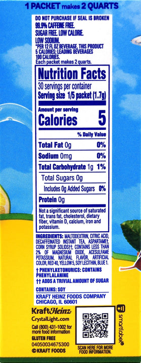 Crystal Light Lemon Decaf boxed packets show six 2-liter servings.