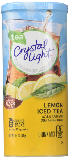 Crystal Light Lemon Iced Tea canister label highlighting convenient six-packet format