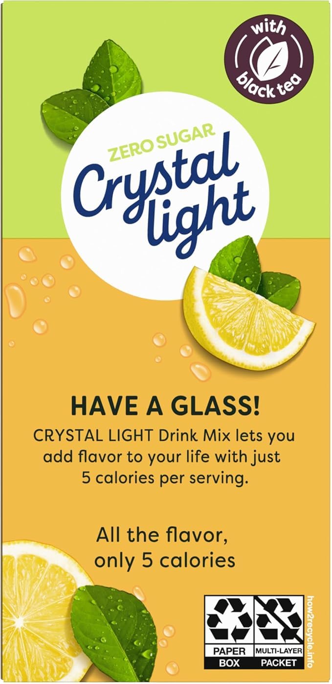 Crystal Light lemon-iced-tea close-up with fresh lemon visuals for flavor.