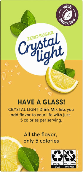 Crystal Light lemon-iced-tea close-up with fresh lemon visuals for flavor.