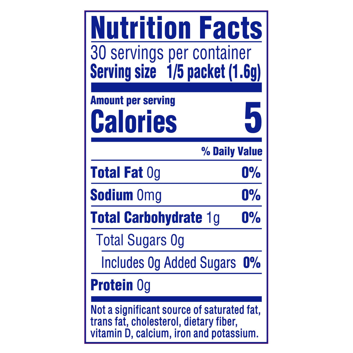Close-up of label emphasizing sugar-free and five calories.