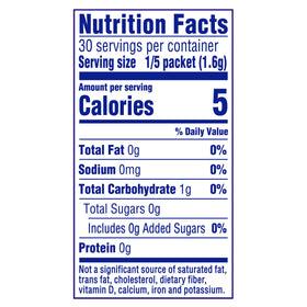 Close-up of label emphasizing sugar-free and five calories.