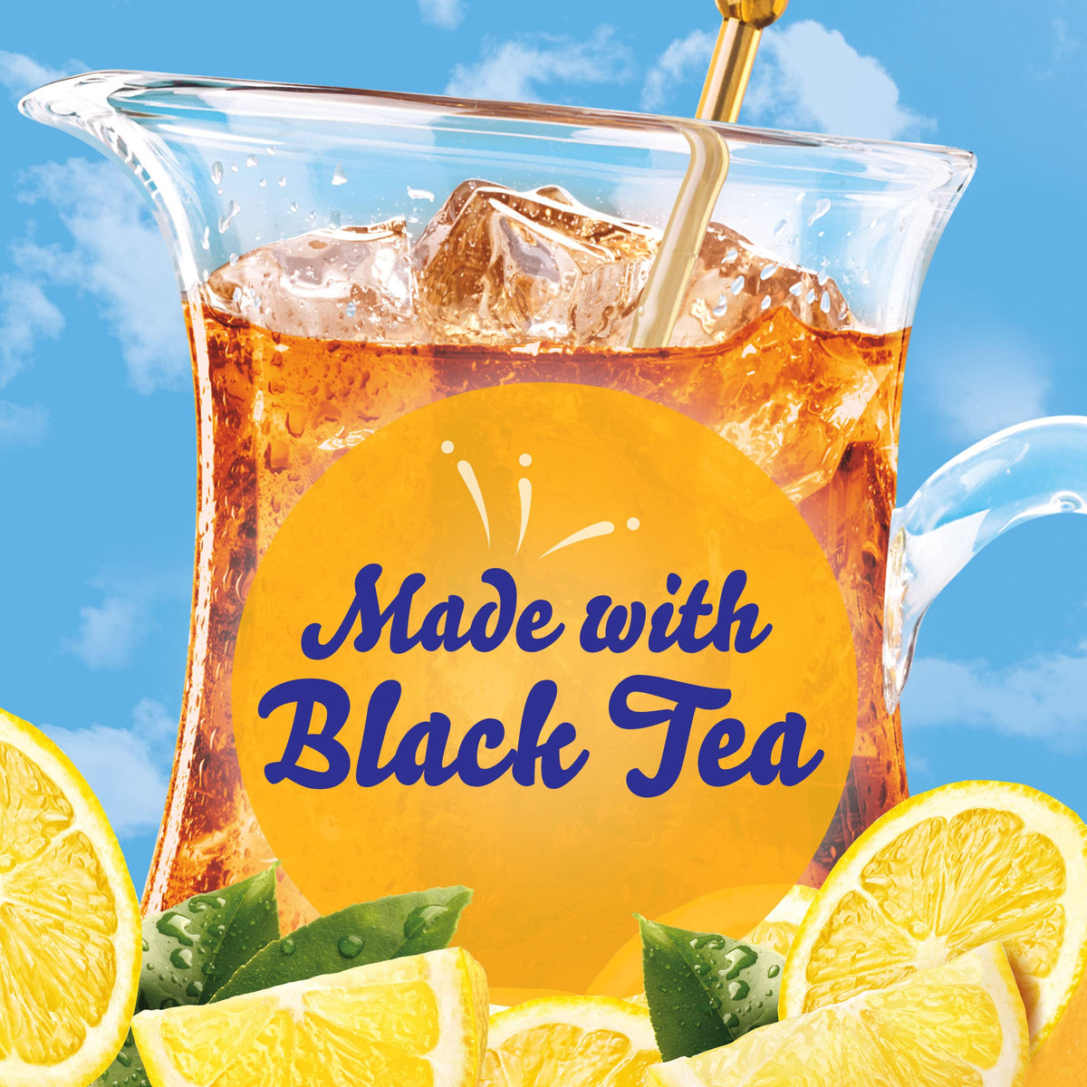 Crystal Light Lemon Iced Tea in glass highlights refreshing citrus flavor.